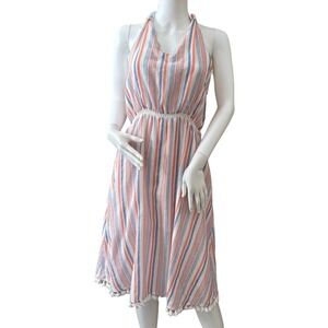 MOON RIVER ANTHROPOLOGIE Halter‎ Dress Small Striped Sleeveless Pom Trim Casual